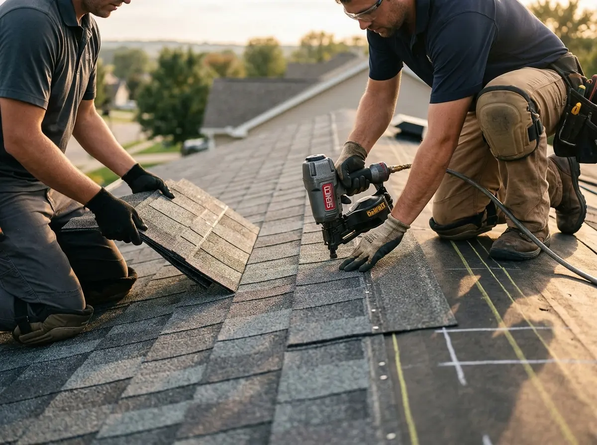 Professional roofer working on a residential roof in Nacogdoches